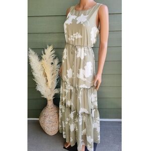 Frank Lyman Light Olive Green Floral Tiered Sleeveless Chiffon Maxi Dress